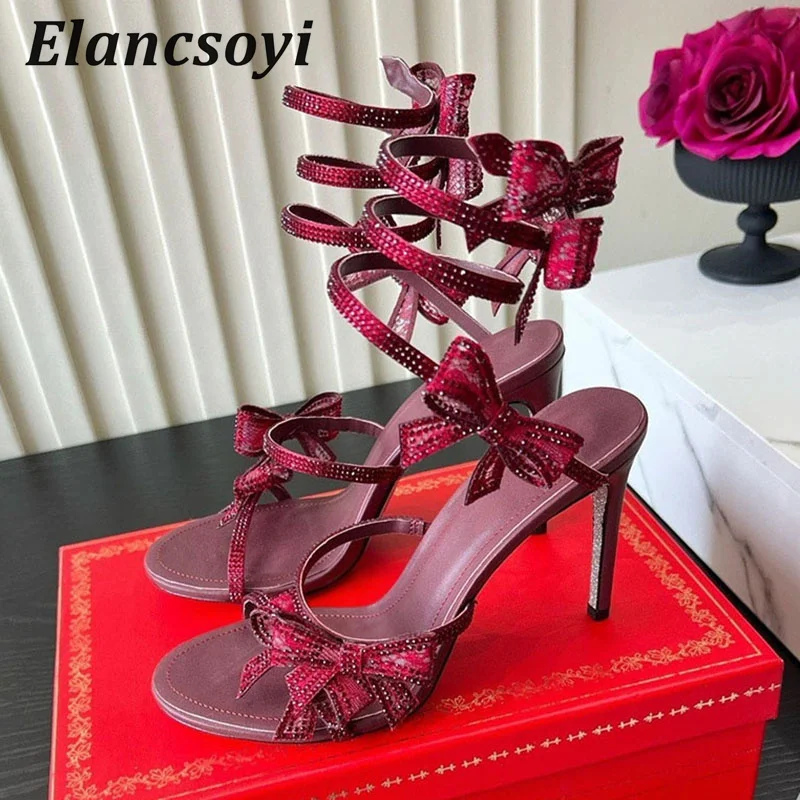 High Heels Gladiator Sandals Women Bling Crystal Bow-knot Ankle Snake Shaped Winding Party Shoes Summer Sexy Stiletto Sandalias