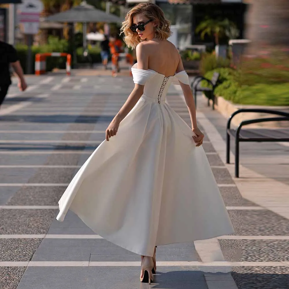 Elegant Wedding Party Dresses Satin A-line Wedding Dresses Women Ivory Off-the-shoulder Pocket Covered Button Wedding Dress Midi