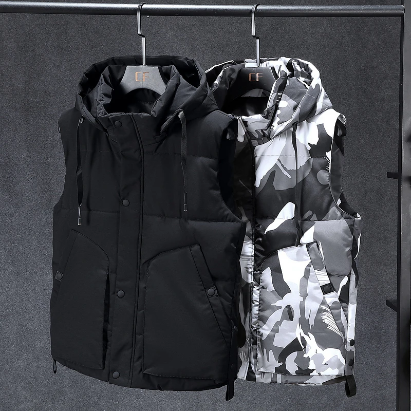 

Autumn/Winter Warm Detachable Hat Men's 7XL Tank Tops Sleeveless Casual Camouflage Jacket Men's Coat Neutral Tank Tops Plus Size
