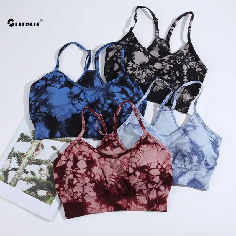 CHRLEISURE Tie Dye Sport Bra Women Fitness Underwear with Chest Pad Elastic Slim Workout Tank Top Athletic Vest Gym Clothing