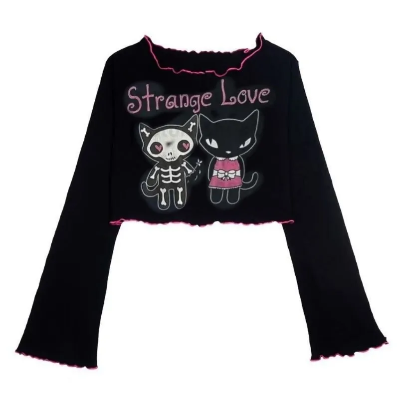 

Women's Autumn Spring Blouse Long Sleeve Y2K Waistless Dark Short Subculture Retro Long Sleeve T-shirt Trend New Versatile Niche