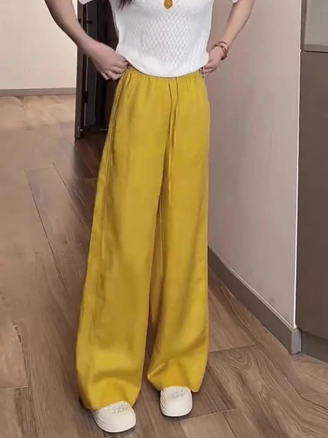 Yellow Wide Leg Casual Pants Women's Summer Thin High Waist Straight Cut Trousers Slimming Hip Covering plus Size Pear Shape
