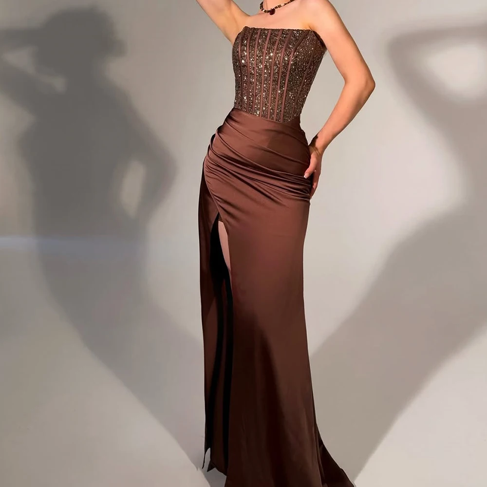 Robe de soirée trapèze personnalisée, longueur au sol, sans bretelles, sans manches, robe de bal, paillettes plissées, fente latérale, à la mode