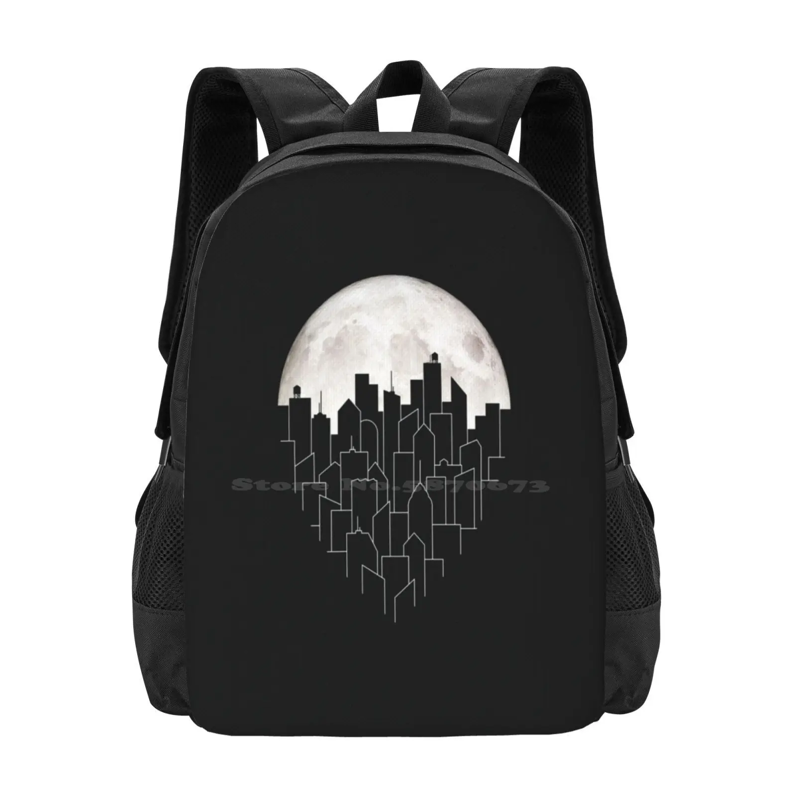 Moonrise 3D Print Design Backpack Student Bag Cityscape Lines Black White Landscape Moon Rise Night