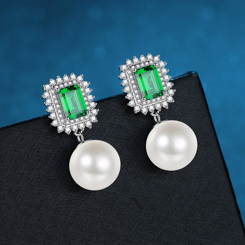 

Luxury Solid Platinum PT950 Women's Emerald Blue Red Moissanite Diamond Earrings Pearl Drop Earrings