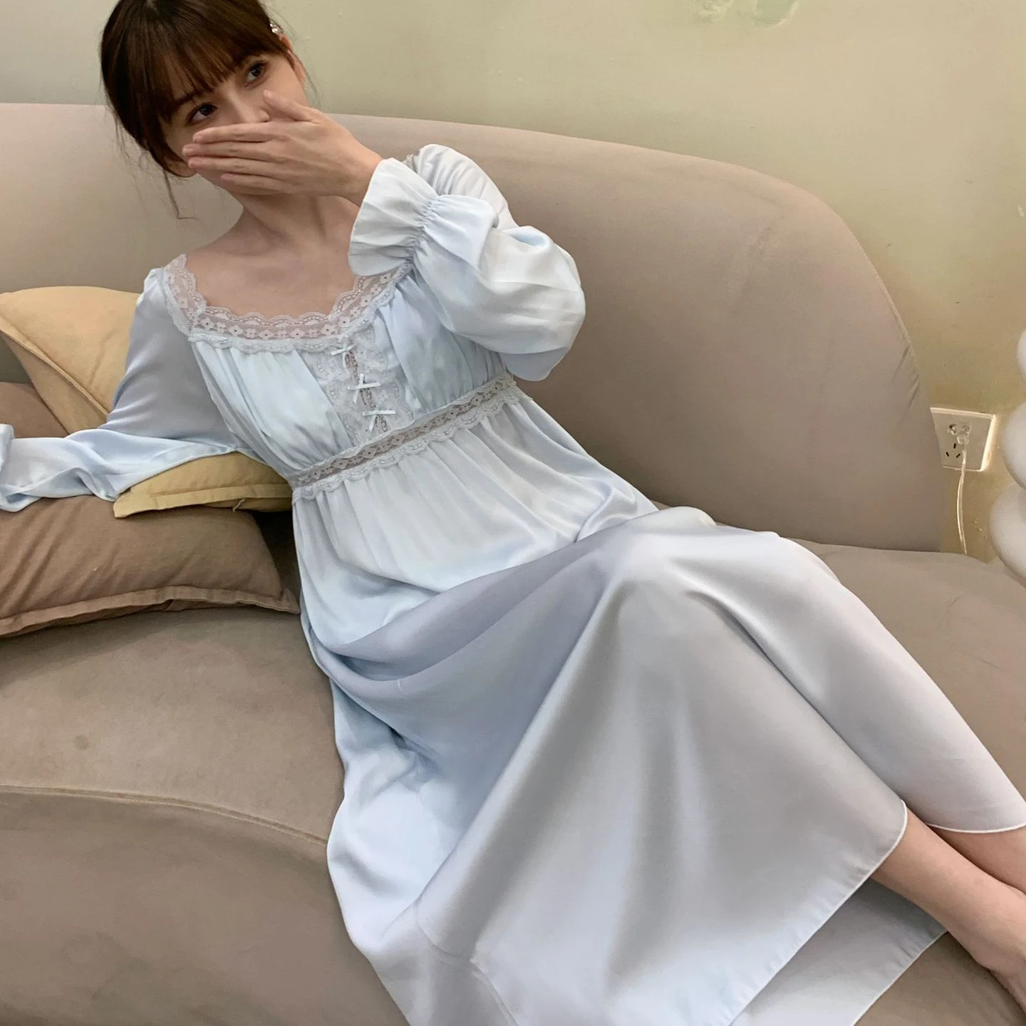 Square Neck Sleepdress Women Long Satin Nightgown Lace Patchwork Nightdress With Bowknot Summer Elegant Palace Style Sleepwear