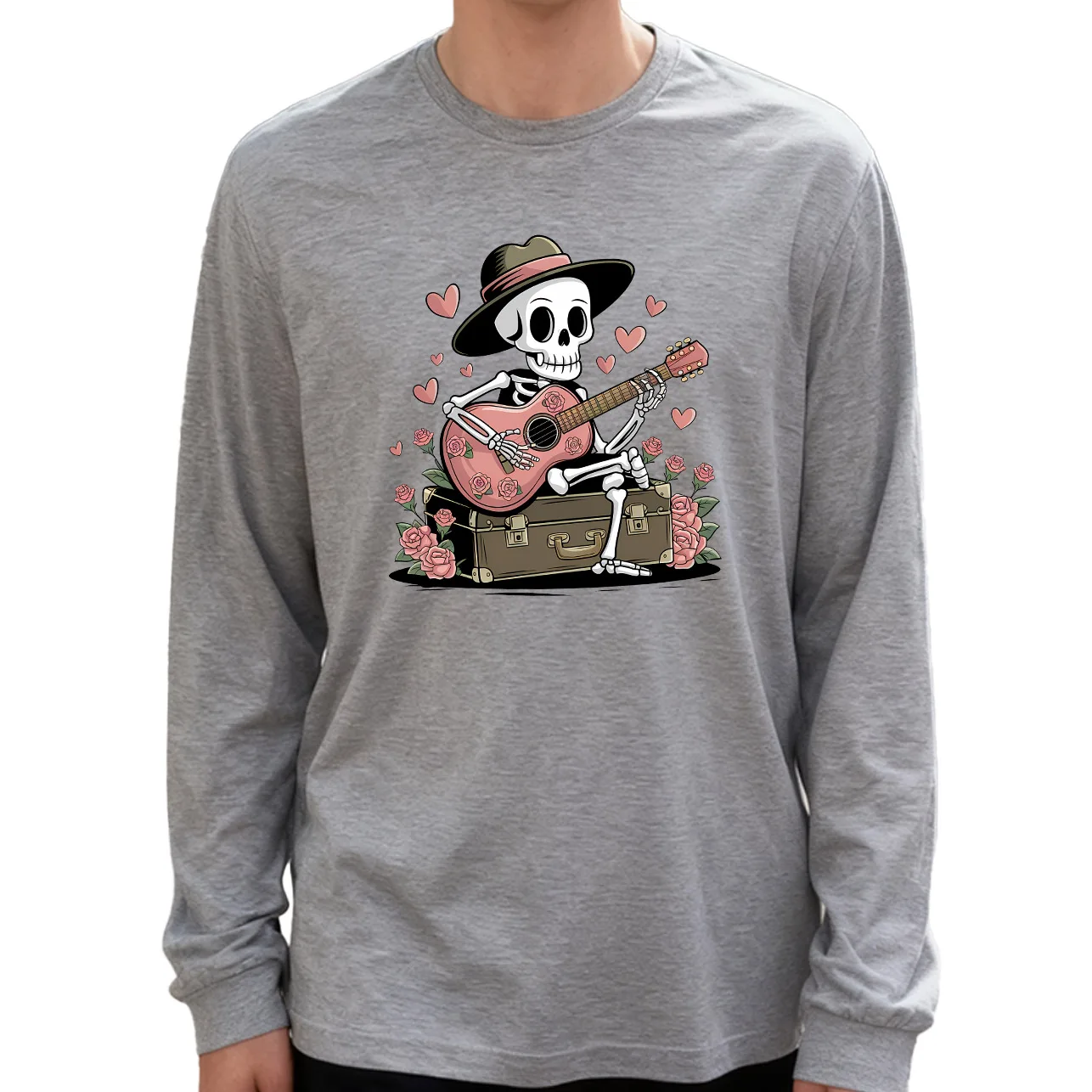 Мужская футболка с длинным рукавом Skeleton Playing Guitar, 100% хлопок, 180 г, с круглым вырезом, повседневный стиль, мягкая и дышащая
