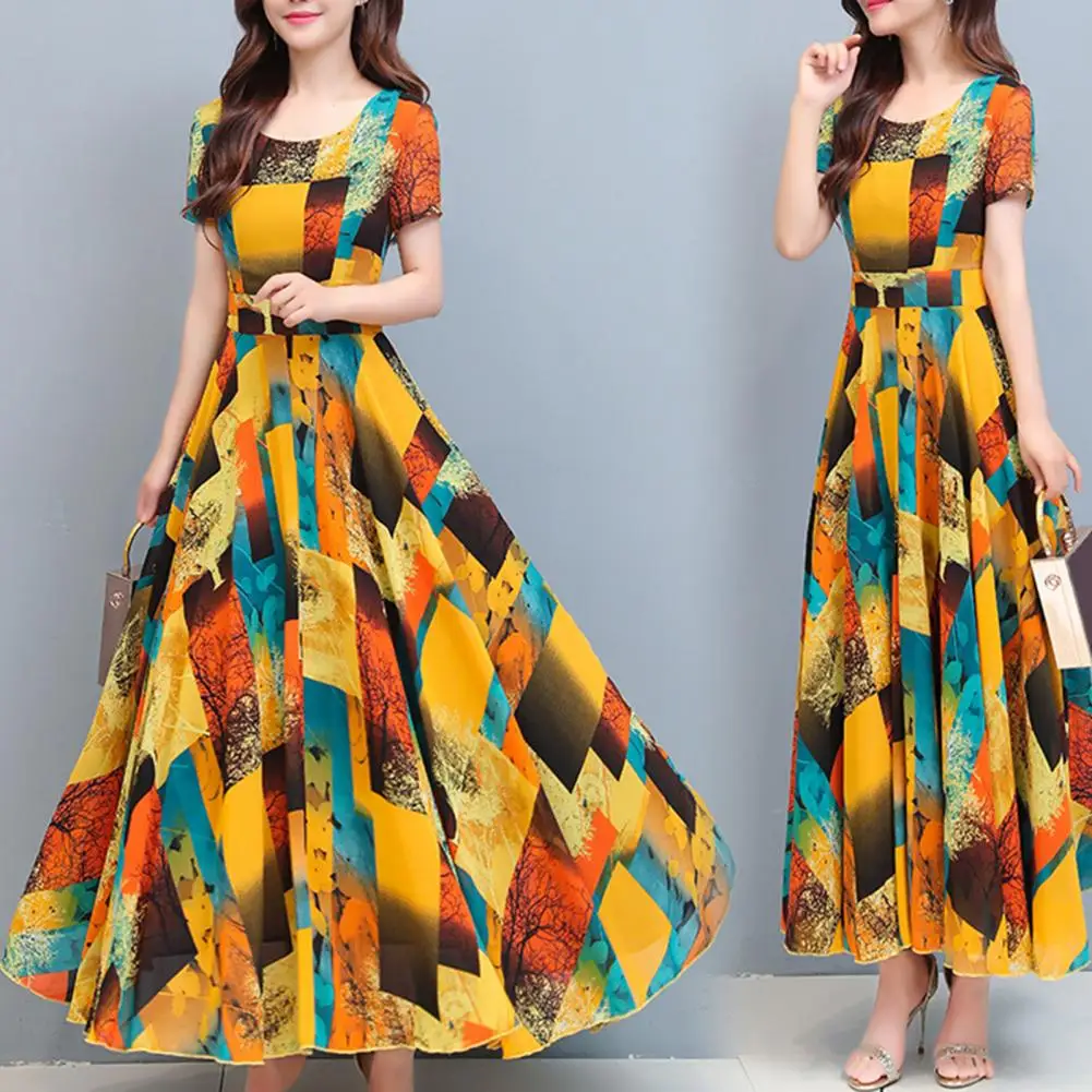 Women Dress Colorful Print Summer Short Sleeved Imitation Ice Silk Dress Crew Neck Slim Fit A-Line Long Maxi Dress Party Dresses