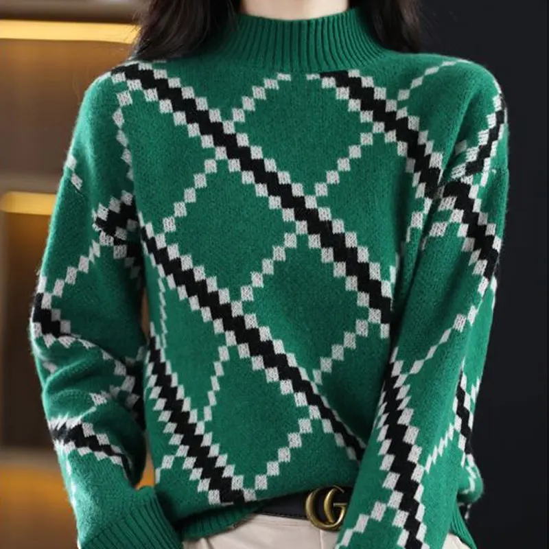 2022 Vintage Female Clothing Argyle Printed Fashion Geometric Spliced Sweaters Autumn Winter All-match Half High Collar Jumpers