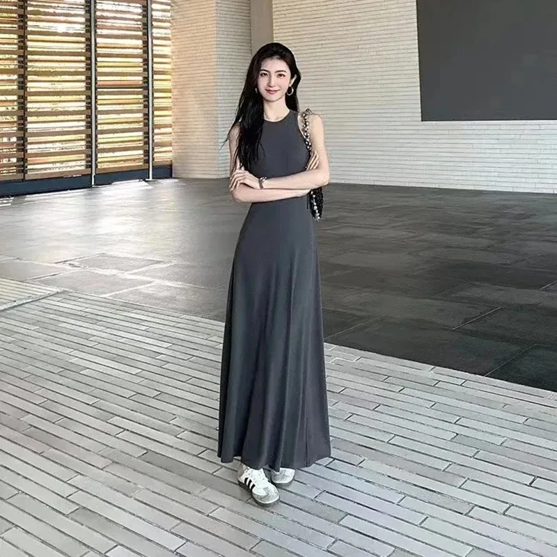 Abito francese senza maniche dal carro armato Moda donna Elegante chic Slim A Line Abito lungo Vacanza estiva Tutti abbinati Abiti casual solidi