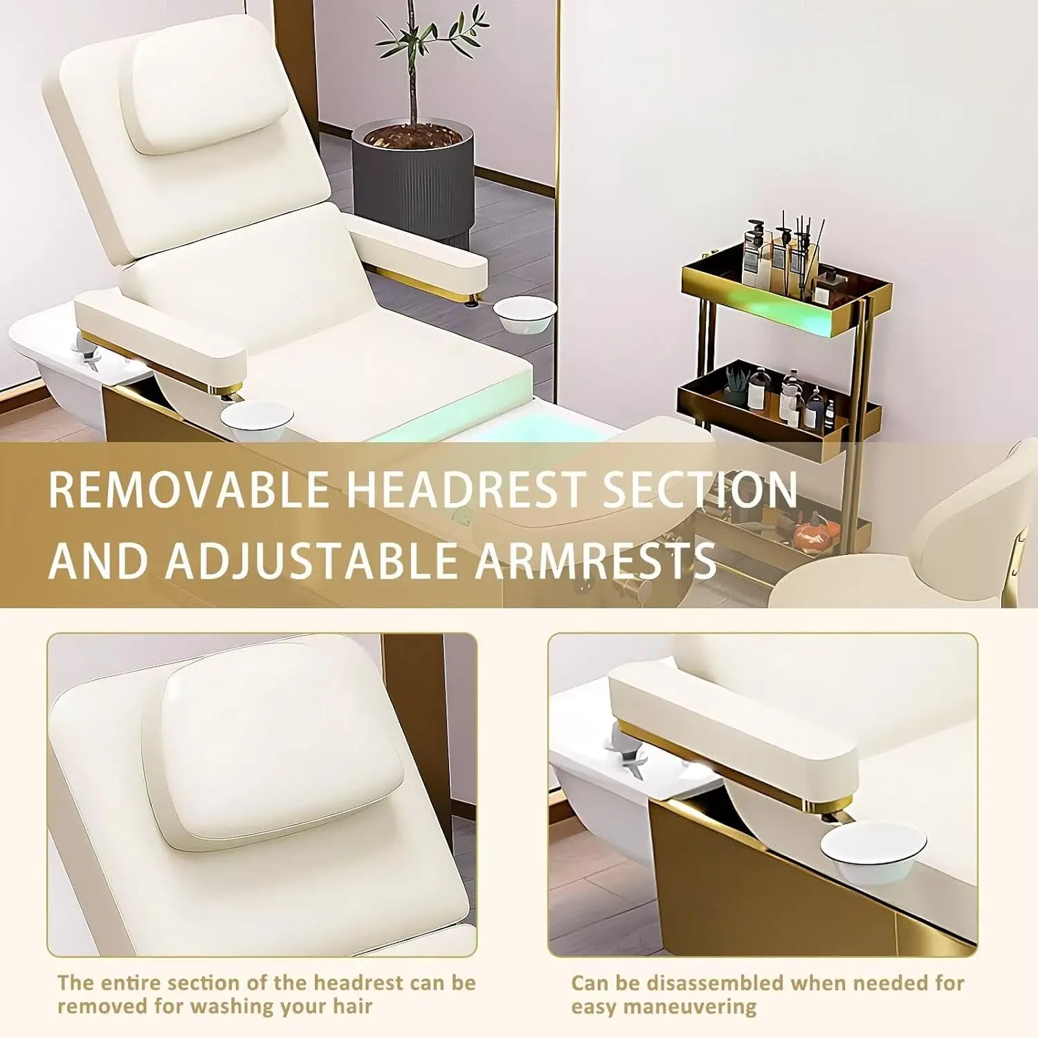 Sillón de peluquería con elevación de espalda, masaje de pies, lavacabezas, mesa de pedicura y spa capilar, cama de champú con luces LED, cama de spa capilar