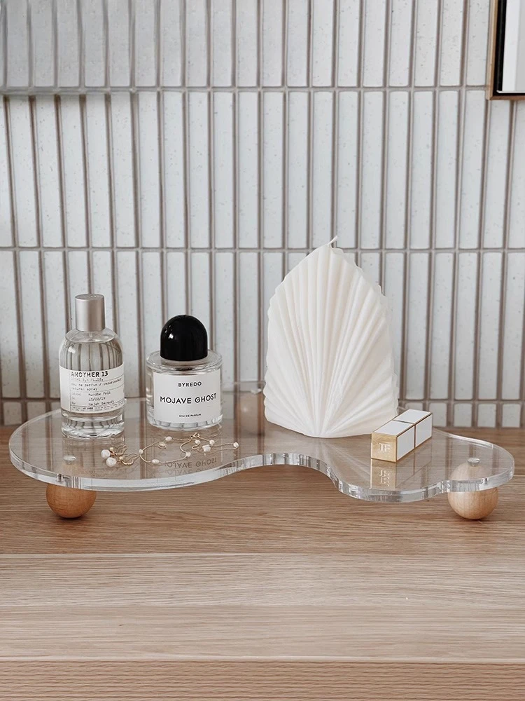 Premium acrylic jewelry aromatherapy cosmetics transparent tray ornament light luxury solid wood base ins wind