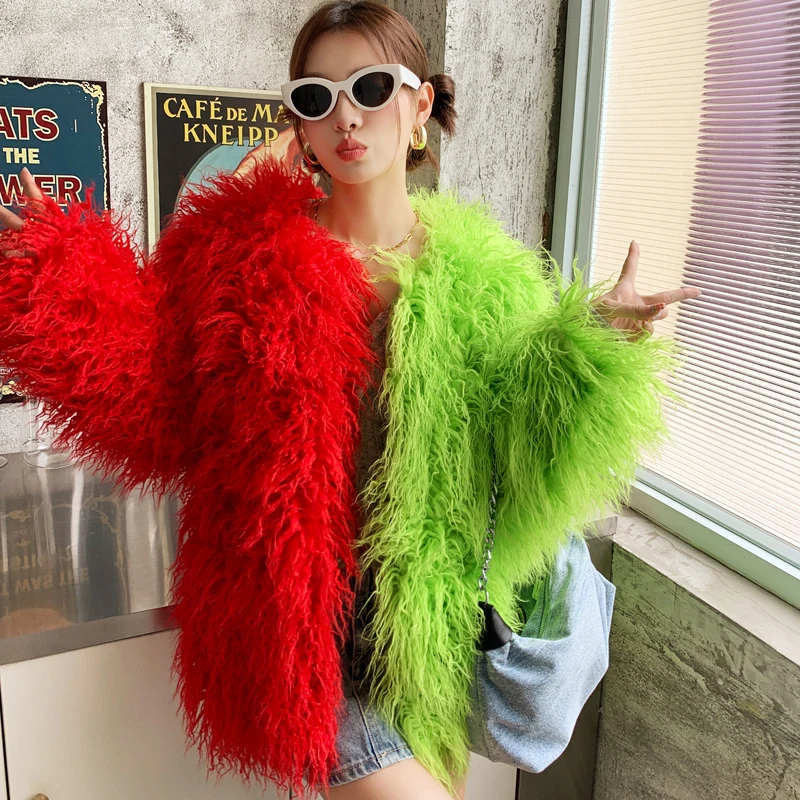 Original Design Female Green Red Contrast Color Faux Fur Coat Lady Shaggy Outerwear Women's Winter Jacket Factory Direct Sales