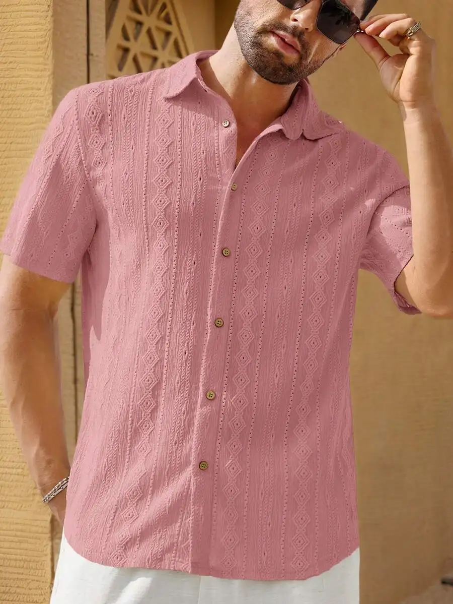

Men's Pink Jacquard Knit Short Sleeve Casual Shirt with Diamond Pattern