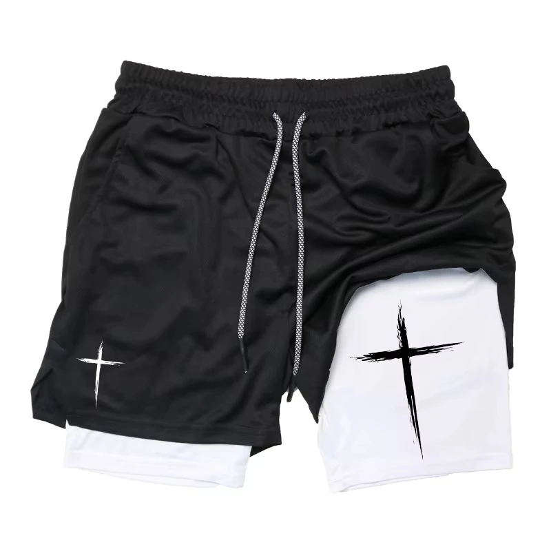 Cross Print 2 in 1 Performance Shorts Gym Workout Running Quick-drying Shorts with Phone Pocket Sports Athletic Activewear Moto