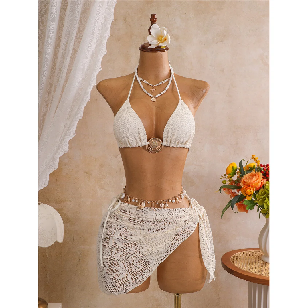 Mit Sarong-Blättern bedruckter Neckholder-Bikini, Damen-Badeanzug, dreiteiliges Bikini-Set, Badebekleidung, Badeanzug, Schwimmanzug V8367 – Detail 14