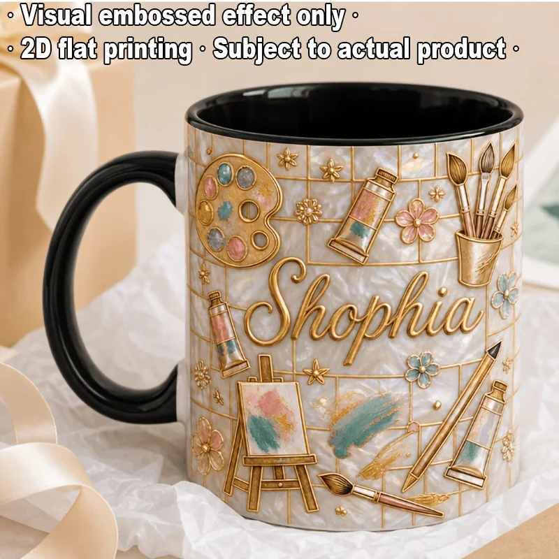 Custom 11oz White Ceramic Mug with Black Rim Handle Gold Foil Lettering Pearl Easel Palette Print Gift for Artist Teacher view 2