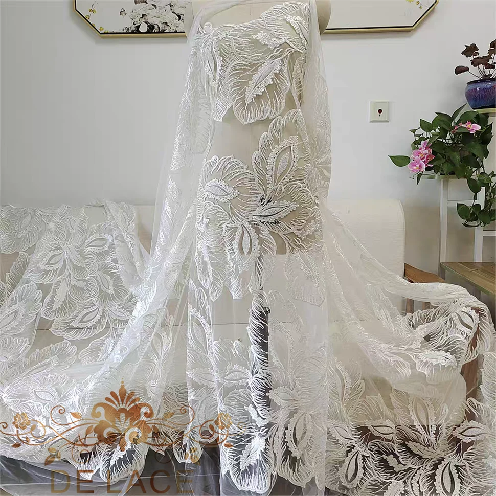 

JZQ Big Flower Beaded Shining Sequins Lace Fabric Soft Tulle Net Floral Embroidery Lace Wedding Dress