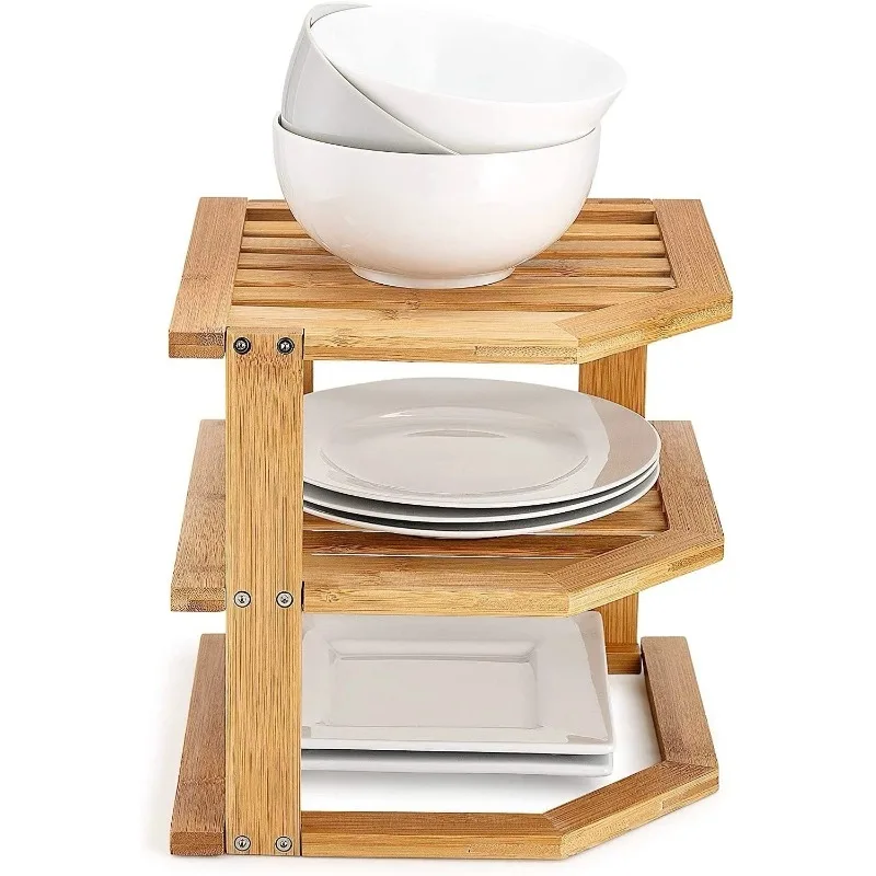 3 Tier Bamboo Wooden Corner Shelf Dish Storage Kitchen Rack Organizer Home Decor