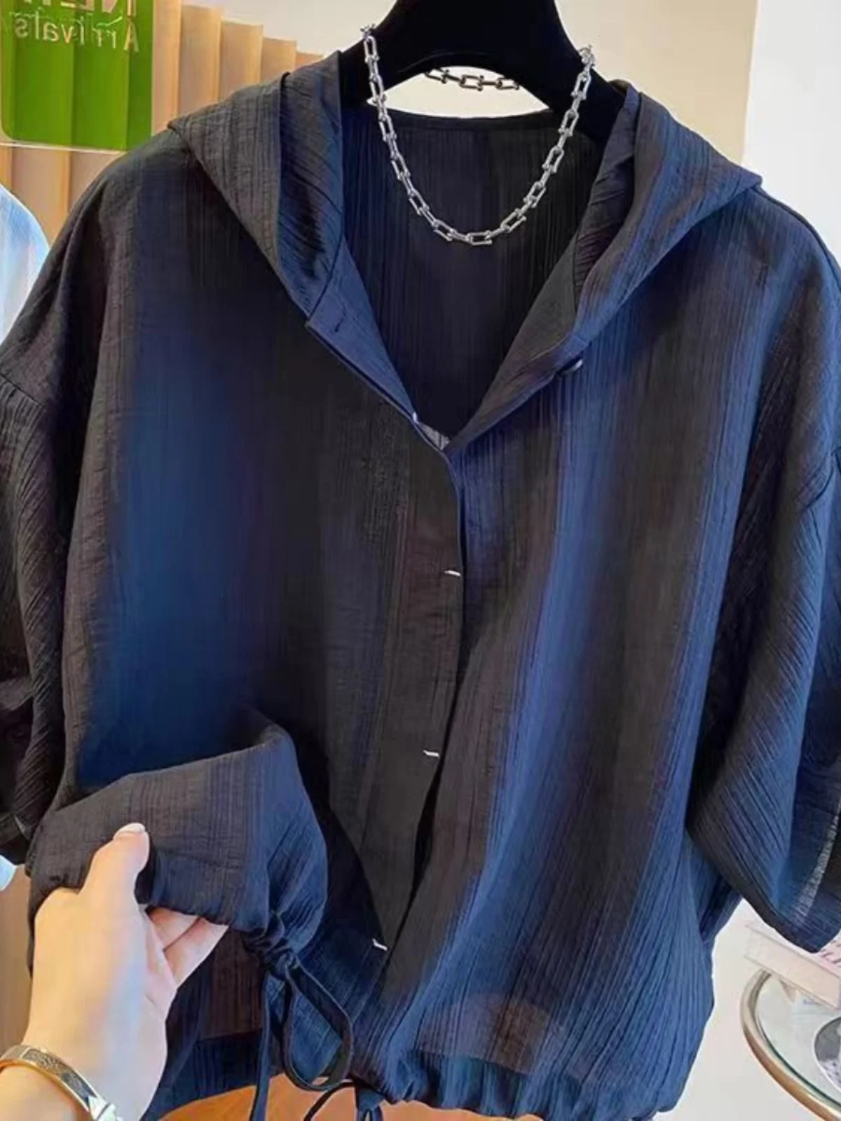 

Extra Large 300 Pou Casual Loose Pure Color ort Sve irt with Dstring Korean Sle Commute Wind Summer Top