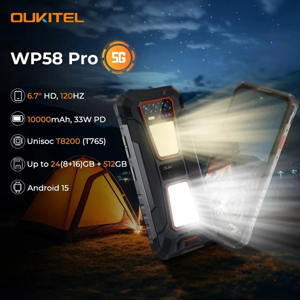 OUKITEL WP58 PRO 5G Teléfono resistente 24GB(8+16) RAM + 512 ROM, 6,7 ''HD 10000mAh 33W Android 15 NFC Teléfono móvil con lámpara de camping dual