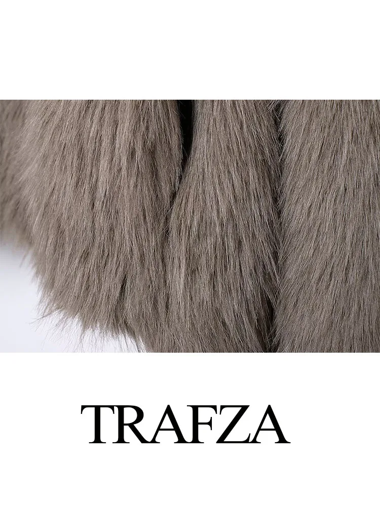 TRAFZA Elegant Woman Winter Turn-Down Collar Long Sleeve Warm Loose Outerwear Women Short Faux Fur Jackets Casual Coat Mujer