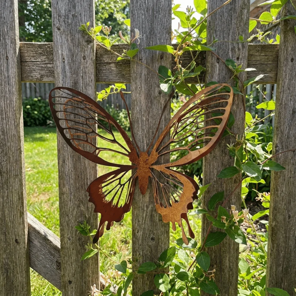1/3PCS Metal Structure Butterfly Garden Sculpture Distressed Style Rust-Colored Rusty Butterfly Wall Hanging Hollow Double Layer