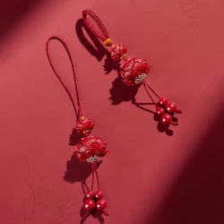 Natural Cinnabar Lotus Car Keychain Chinese Style Lucky Phone Chain Bag Pendant Hanging