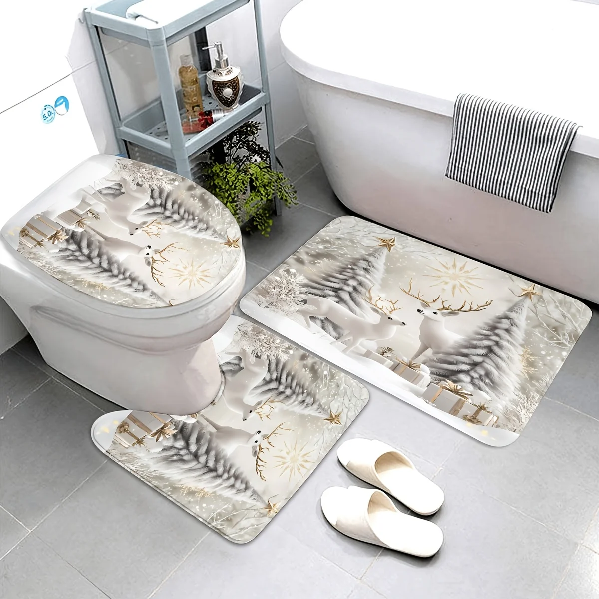 

Набор из 3 предметов с китайским Новым годом, серебряный олень, звезда, противоскользящий коврик для ванной комнаты, ковер для ванной комнаты, U-образный коврик для унитаза, сиденье для унитаза