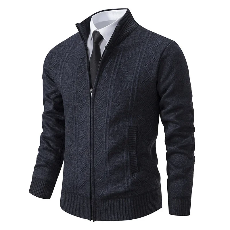 Chaqueta de punto gruesa para hombre, cárdigan de punto con cuello levantado cálido para otoño e invierno, suéter informal inteligente, abrigo tejido para hombre