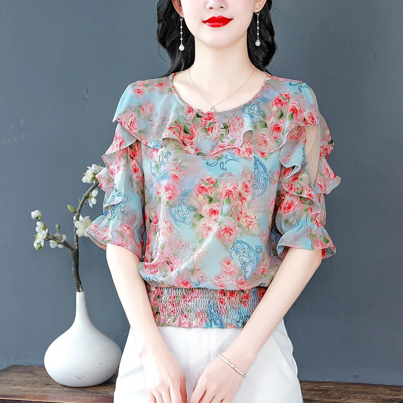 Summer Casual Women blouse 2024 Round neck Fashion Floral Printed Chiffon Shirt Patchwork Ruffles Mesh Tops