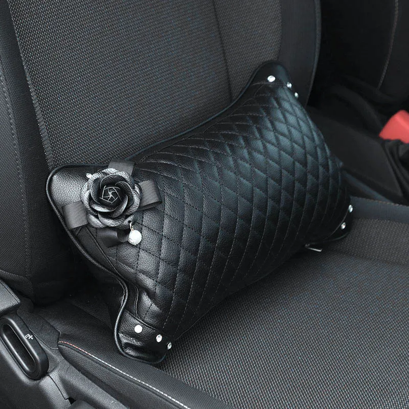 Pearl Black Camellia Flower Car Accessories Crystal Rhinestone Interior Decoration Leather Steering Wheel Cover Seat Pillows