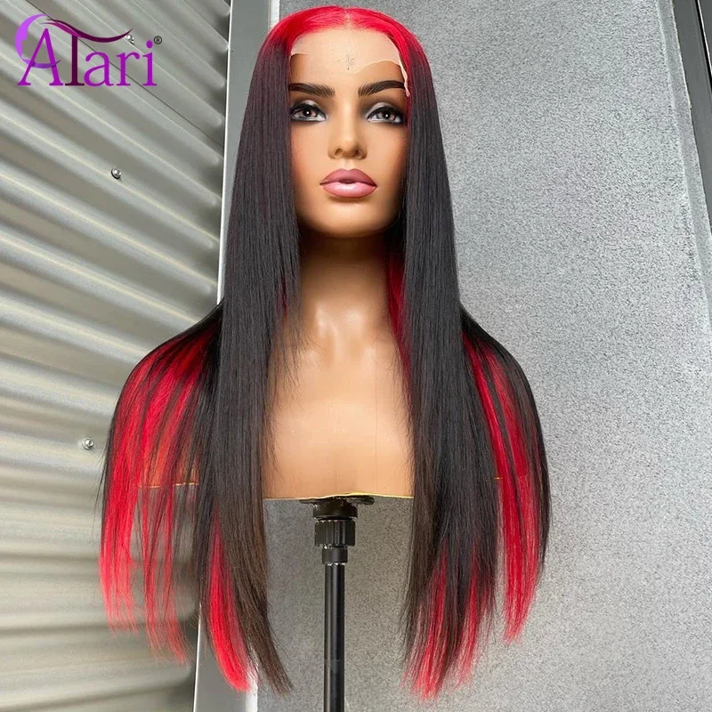 Rote Wurzeln mit schwarzer 13x4 Lace Frontal Perücke Ombre Red Straight Echthaarperücken Transparente 5x5 Verschlussperücke vorgezupft für Frauen