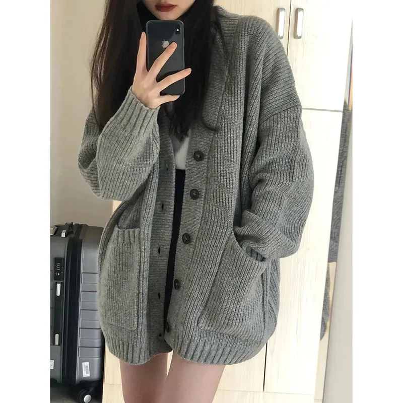 Autumn Grey Women Knitted Cardigan Korean Oversize Pocket V Neck Single Breasted Jumper Casual Loose Preppy All Match Sweater