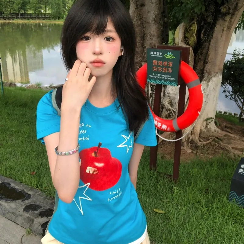Kimotimo 2026 New Cute Apple Printed Blue T-shirts Women Japanese Spicy Girl Slim Fit Short Sleeve Tees Sweet Y2k Casual Tops