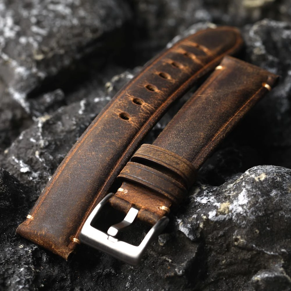 Handmade Head Layer Cowhide Watch Strap, 18 19 20 21 22MM Brown, Vintage Brushed Leather Bracelet, Thickened Men\'s Watch Strap