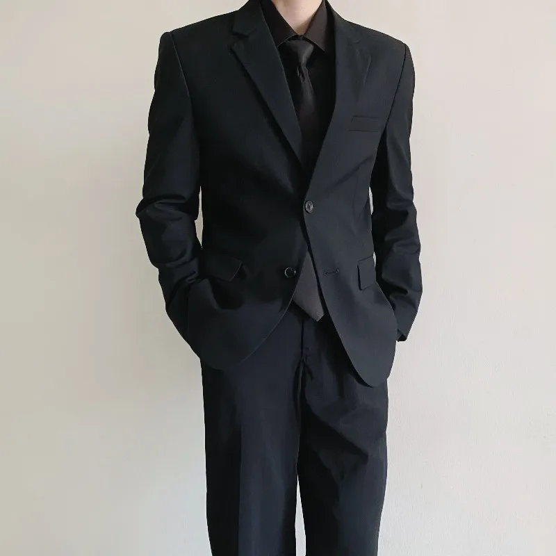 Men 2 Piece Black Suit Set Slim Formal Blazer Straight Trousers Premium Business Outfit for Civil Servant Job Interview Office