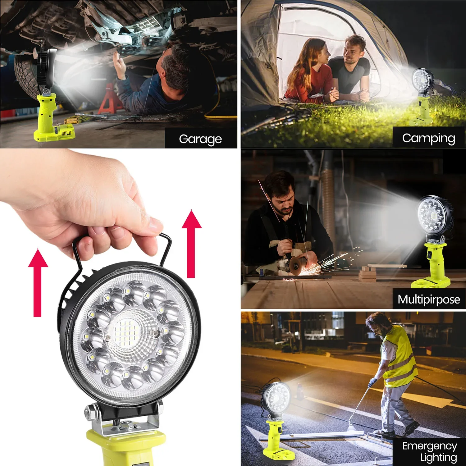 Carro levou alarme trabalho luz, lanterna, tocha, holofotes, lâmpada de acampamento, ryobi, 18v lítio níquel, 1 + bateria, p107, p108