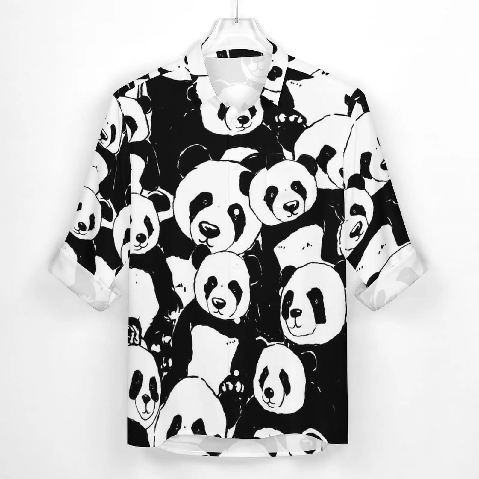 Black And White Panda Shirt Funny Animal Print Casual Shirts Male Vintage Blouses Long Sleeve Graphic Street Clothing Big Size