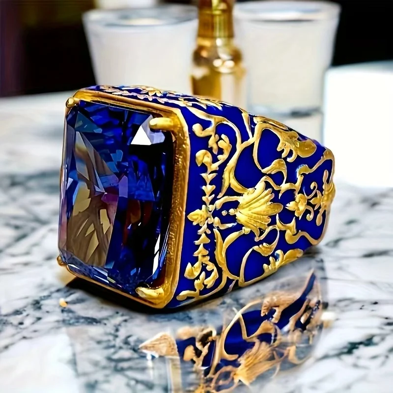Stylish Luxury Emerald Green Square Ring Set for Men New Elegant Jewelry