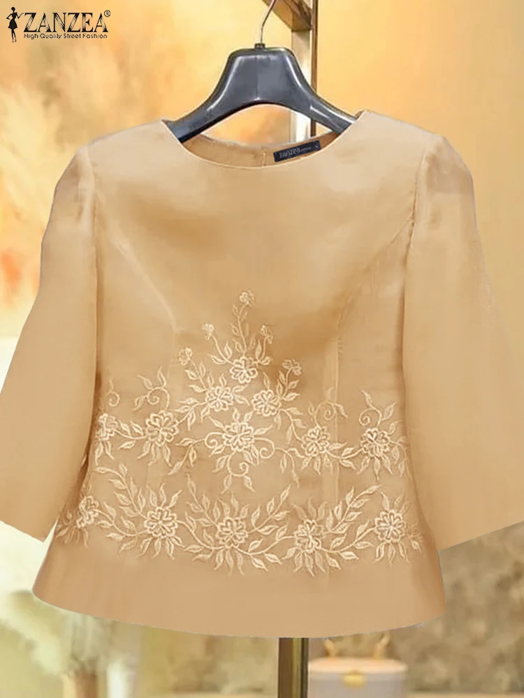 

Vintage 3/4 Quarter Tops Women Embroidered Blouse Tunic ZANZEA 2025 Elegant Style Blusas Printed Summer O Neck Pullover Baggy