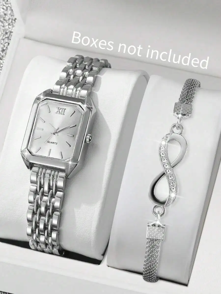 2pcs/Set Women's Fashion Casual Square Minimalist Dial Elegant Quartz Watch + Bracelet, Gift (Watch Box Not Included) view 3