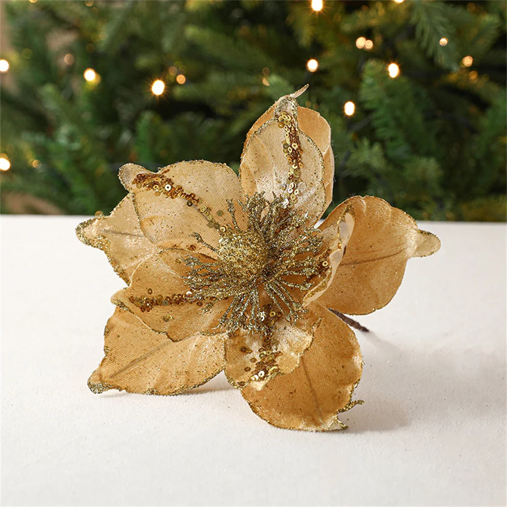 Christmas Artificial Flower Ornaments Glitter Fake Flowers Gold Red Xmas Tree Pendants Big Flower Heads Home Navidad Party Dec