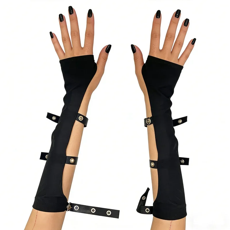 Black Hollow Out Gloves Punk Style Motorcycle Arm Sleeves Women's Gothic Accessory Set