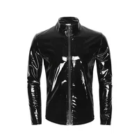 Nuevo cárdigan con cremallera para hombre, camisa con cuello levantado, charol brillante de PVC, ropa de abrigo Sexy de látex elástica ajustada, ropa de moto para hombre