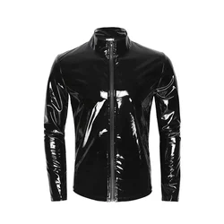 Cardigan à fermeture éclair en cuir verni brillant pour hommes, chemise à col montant, PVC, vêtements de vélo de course, Sexy, moulant, Latex de commande, mâle, nouveau