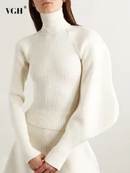 VGH Solid Knitting Minimalist Sweater For Women Turtleneck Lantern Sleeve Slimming Temperament Sweaters Female Fashion Style New