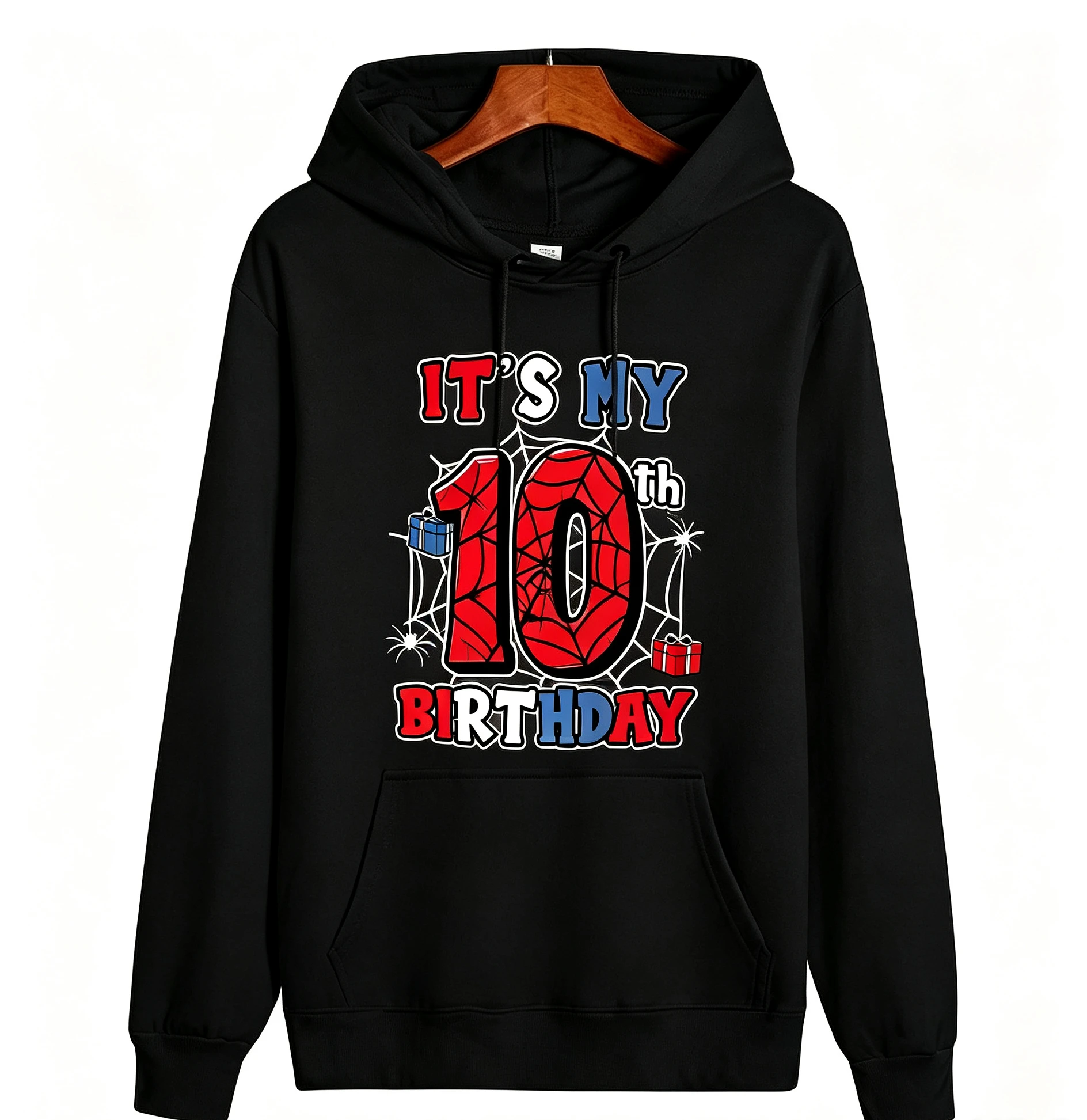 Kids' Birthday Hoodie for Ages 3-12, Cartoon Spider Web Print, Boys and Girls Party Gift, Long Sleeve Pullover