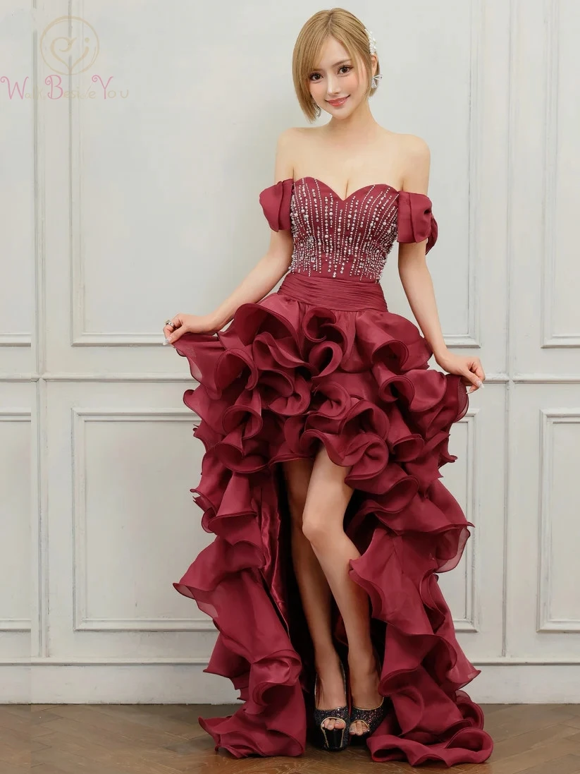 

Off Shoulder Evening Dresses Ruffles Organza Mermaid with Split Beaded Crystal Formal Party Prom Women Graduation Gowns Custom