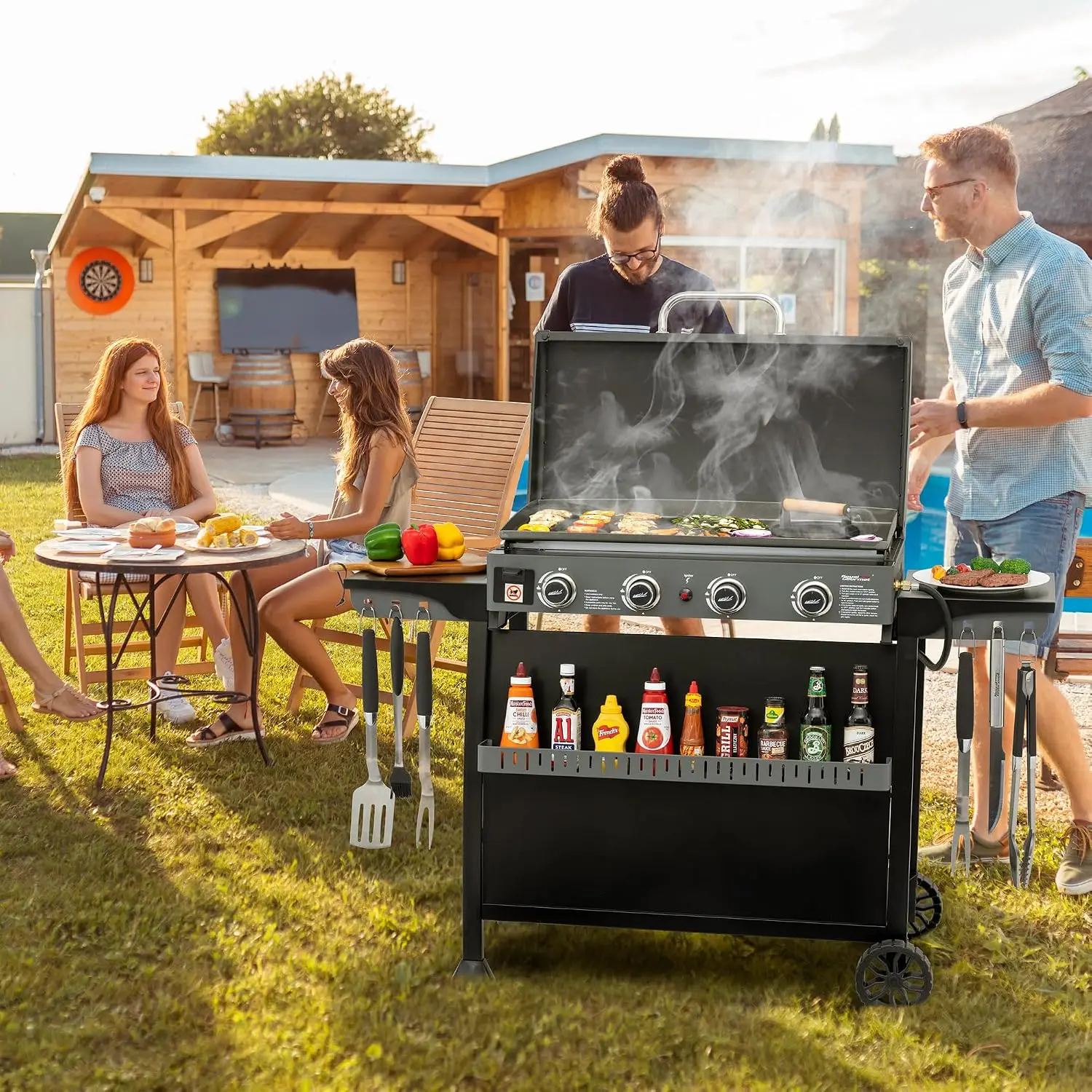 Propane Gas Griddle, 4-Burner, with Detachable Standing Cart and Flat Top Cooking Surface